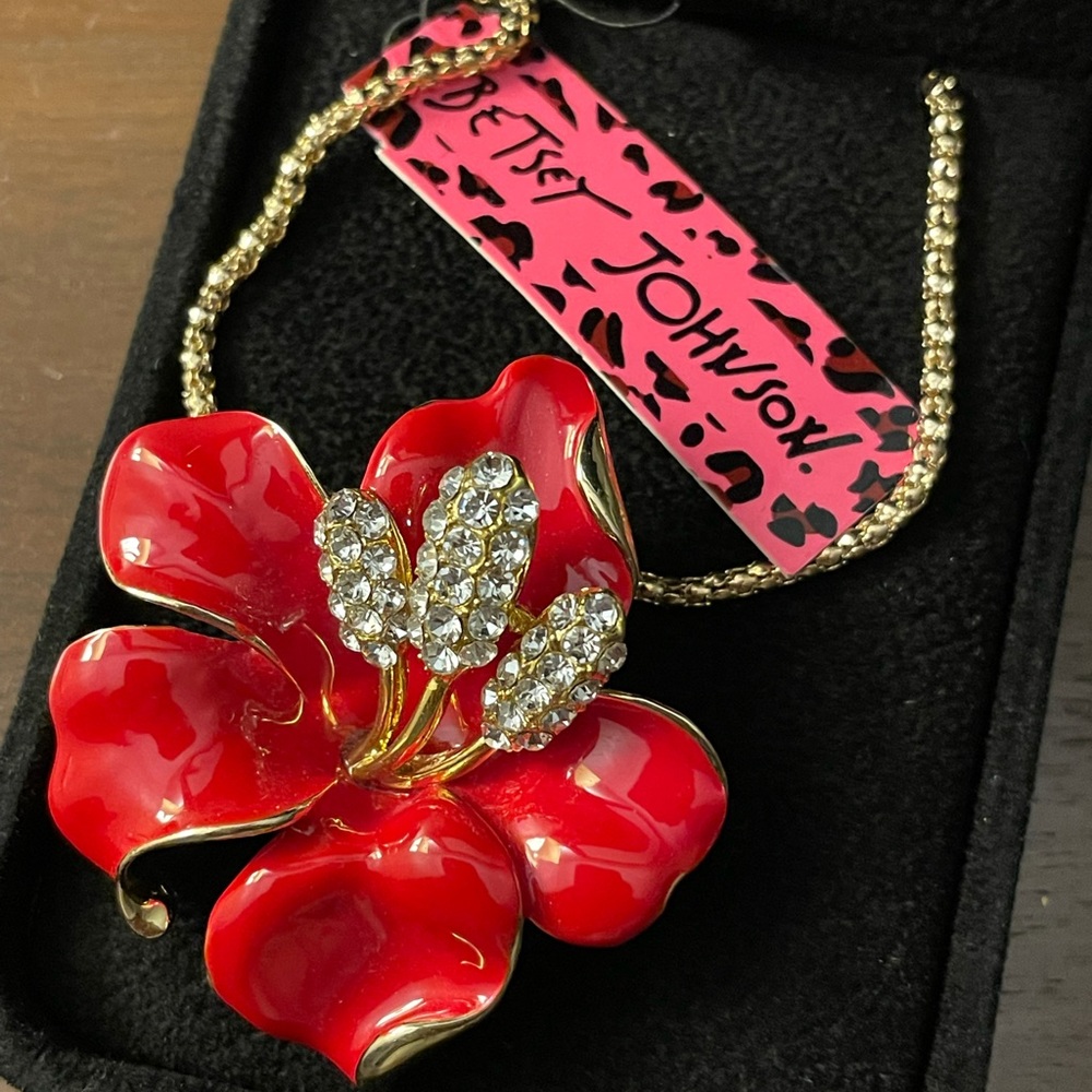 Betsy Johnson Red Flower Crystal Pendant Necklace